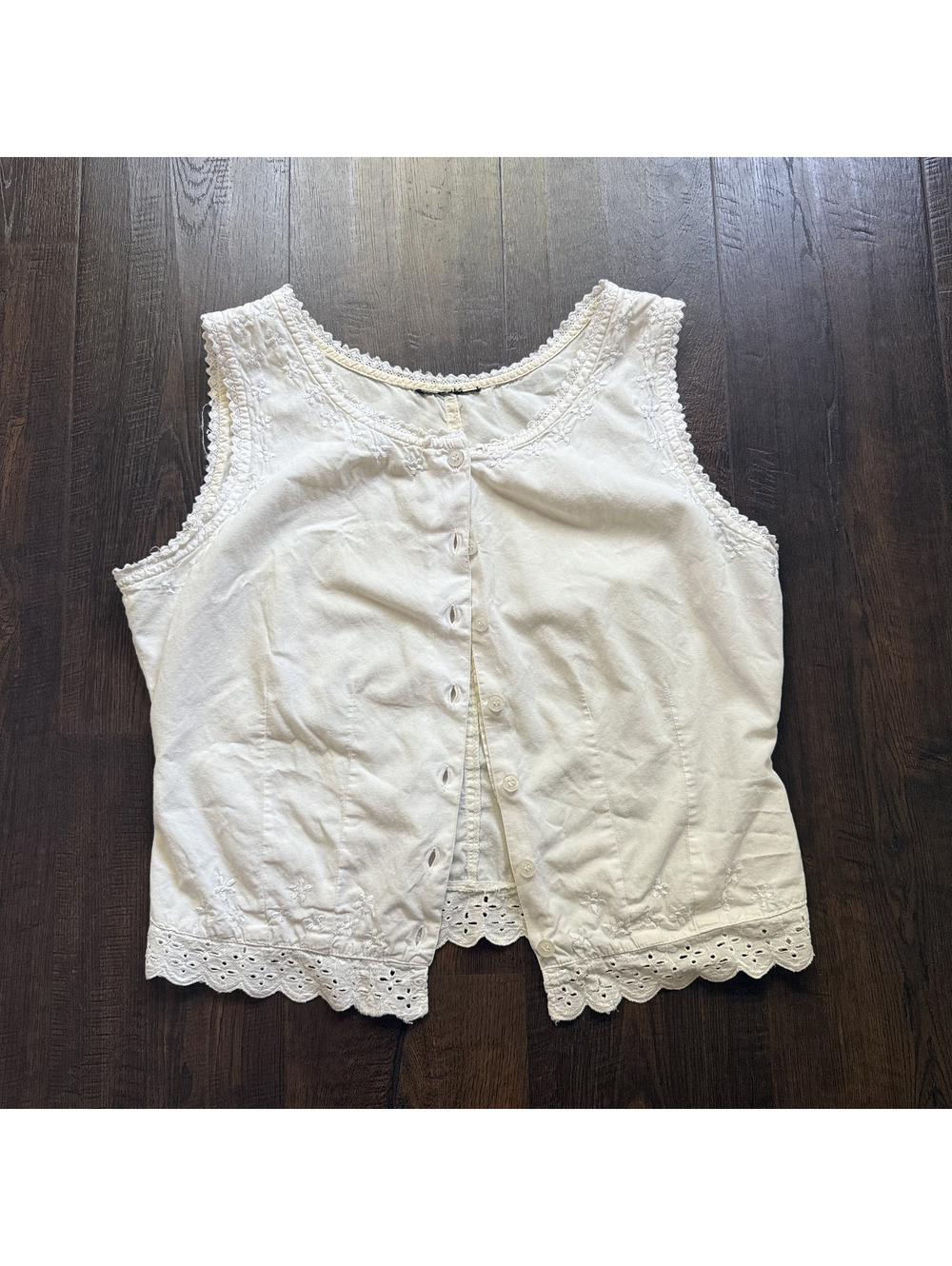Vintage White Cotton Victorian Corset Cover Style Eyelet Embroidered Button Top